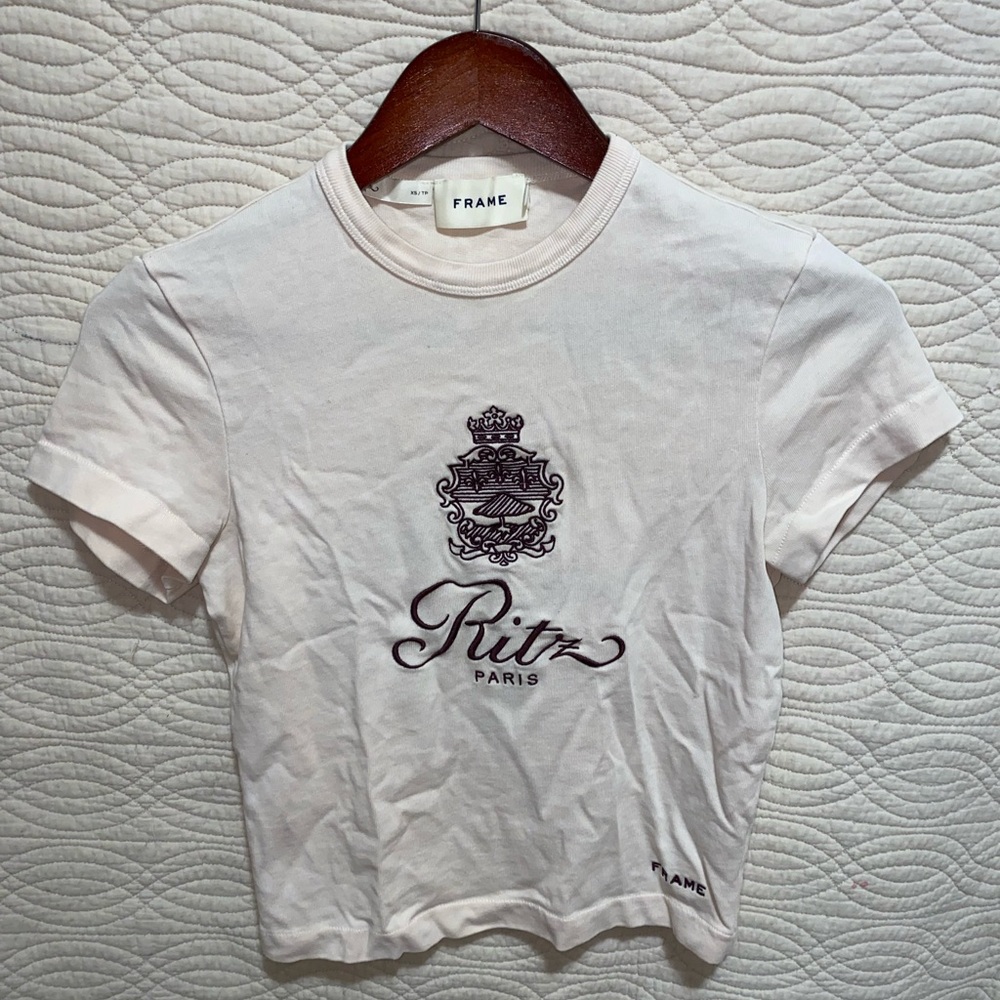 Frame x Ritz Paris Embroidered Tee Shirt Cotton Jersey Cream XS